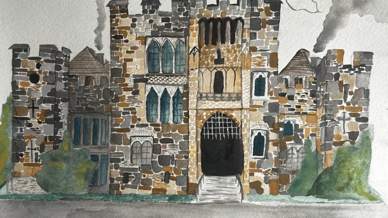 A detailed artwork of an old castle with intricate architectural details.