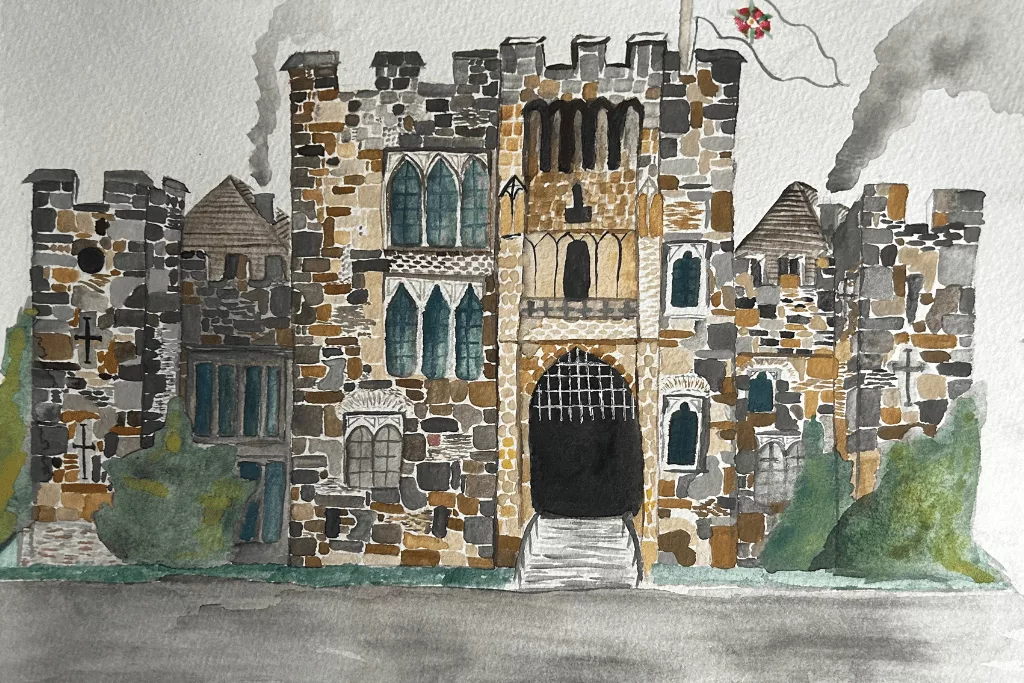 A detailed artwork of an old castle with intricate architectural details.